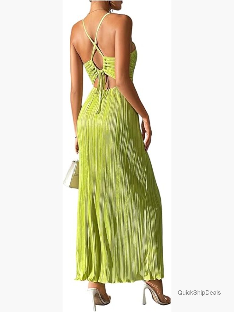 Textured V Neck Sundress Tie Back Spaghetti Strap Pleated A Line Maxi Dress